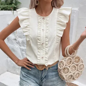2025 Summer Fashion Vintage Women's Solid Ruffle Blouse – Casual Sweet Elegant Top for Youth
