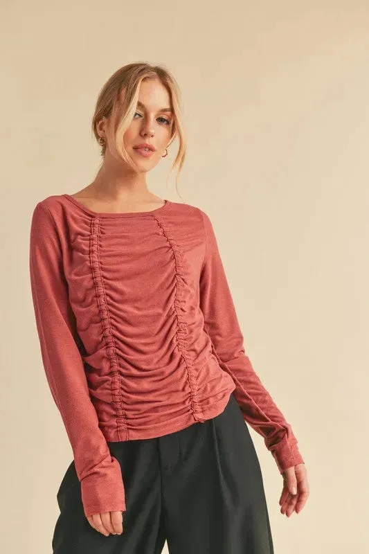 Aemi Co Ruched Front Round Neck Long Sleeve T-Shirt
