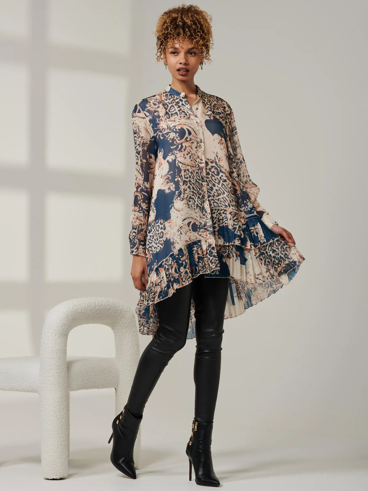 Asymmetric Tiered Hem Shirt, Teal Pattern