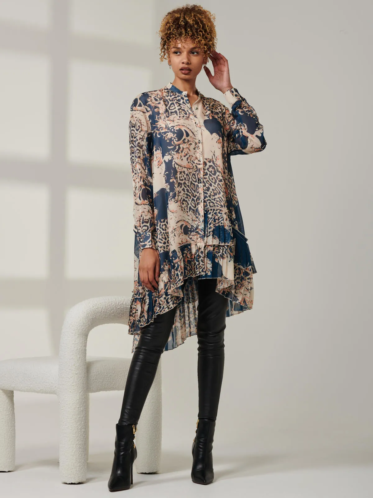 Asymmetric Tiered Hem Shirt, Teal Pattern