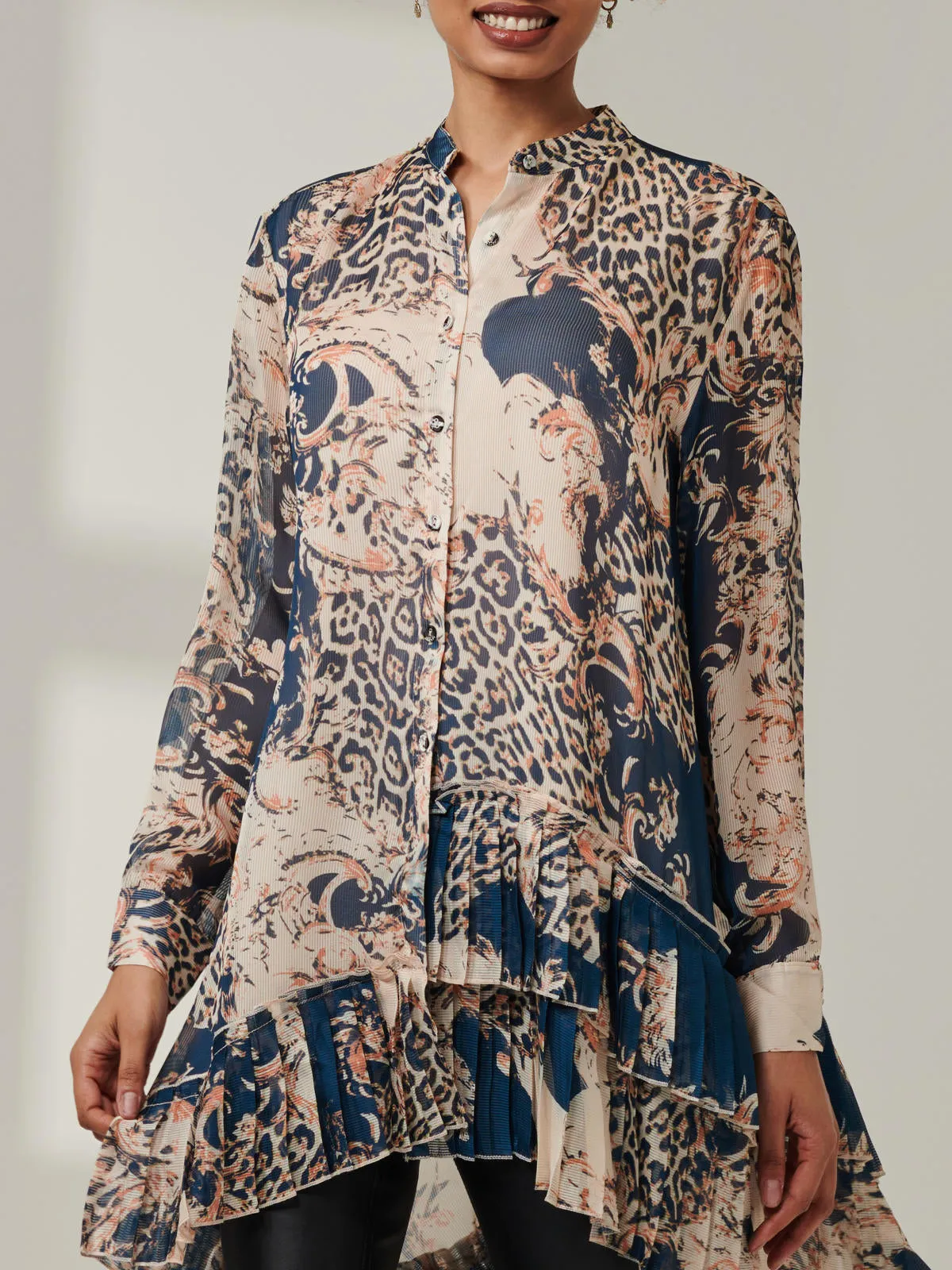 Asymmetric Tiered Hem Shirt, Teal Pattern