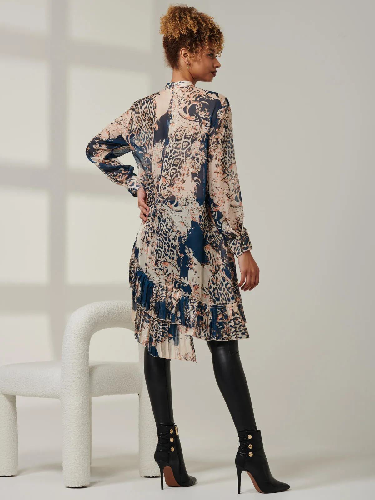 Asymmetric Tiered Hem Shirt, Teal Pattern
