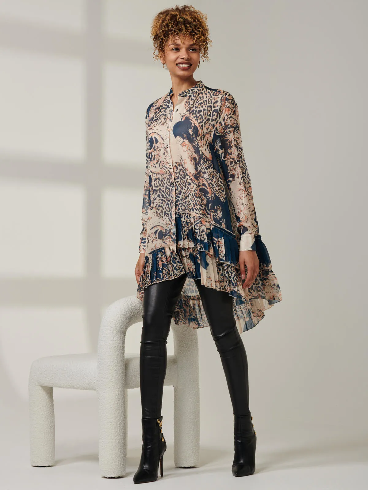 Asymmetric Tiered Hem Shirt, Teal Pattern