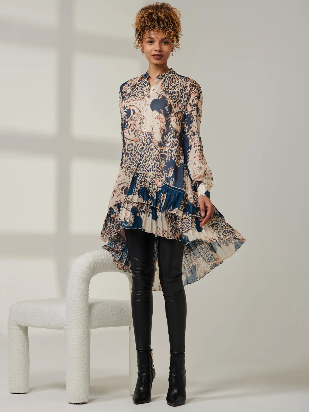 Asymmetric Tiered Hem Shirt, Teal Pattern