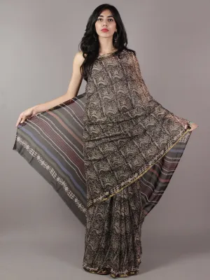 Black Beige Maroon Hand Block Printed Chiffon Saree - S031701830