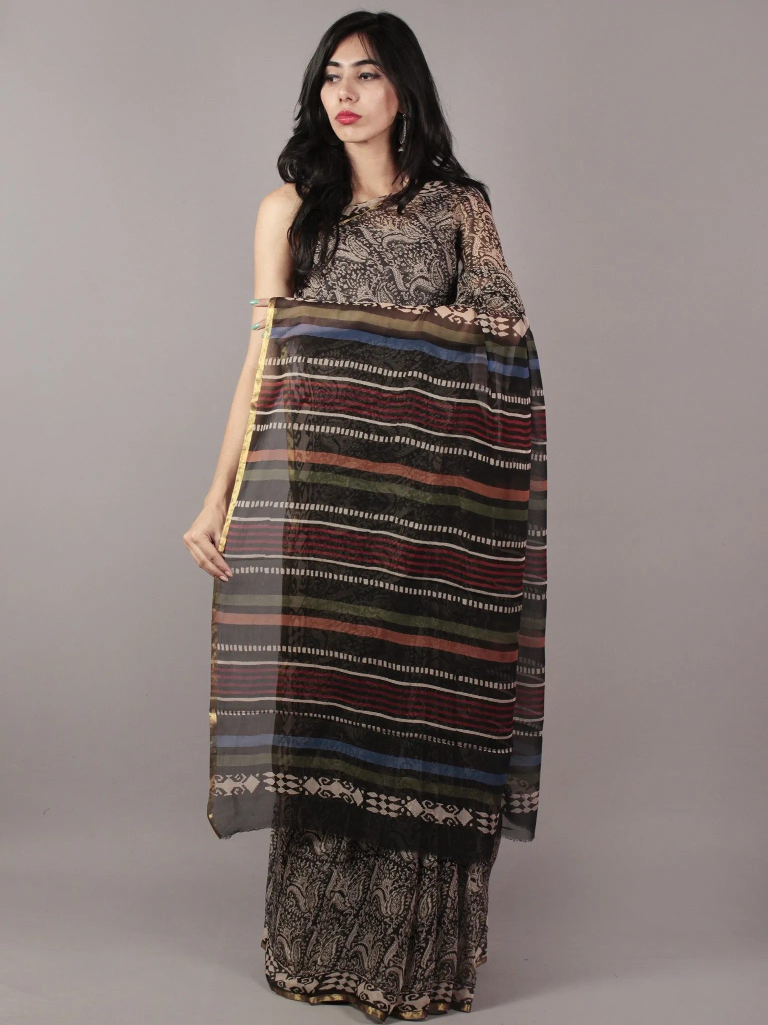 Black Beige Maroon Hand Block Printed Chiffon Saree - S031701830