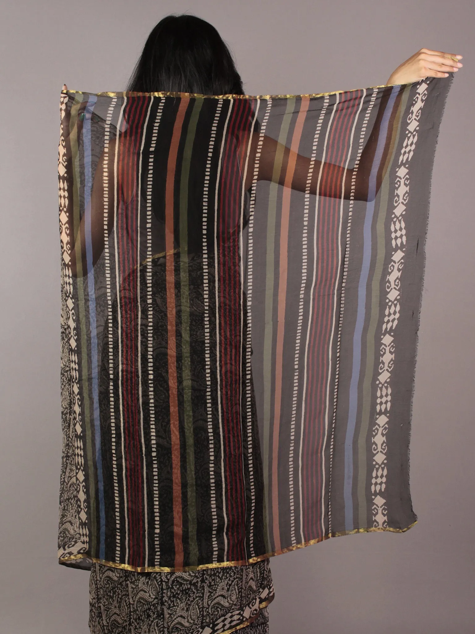 Black Beige Maroon Hand Block Printed Chiffon Saree - S031701830