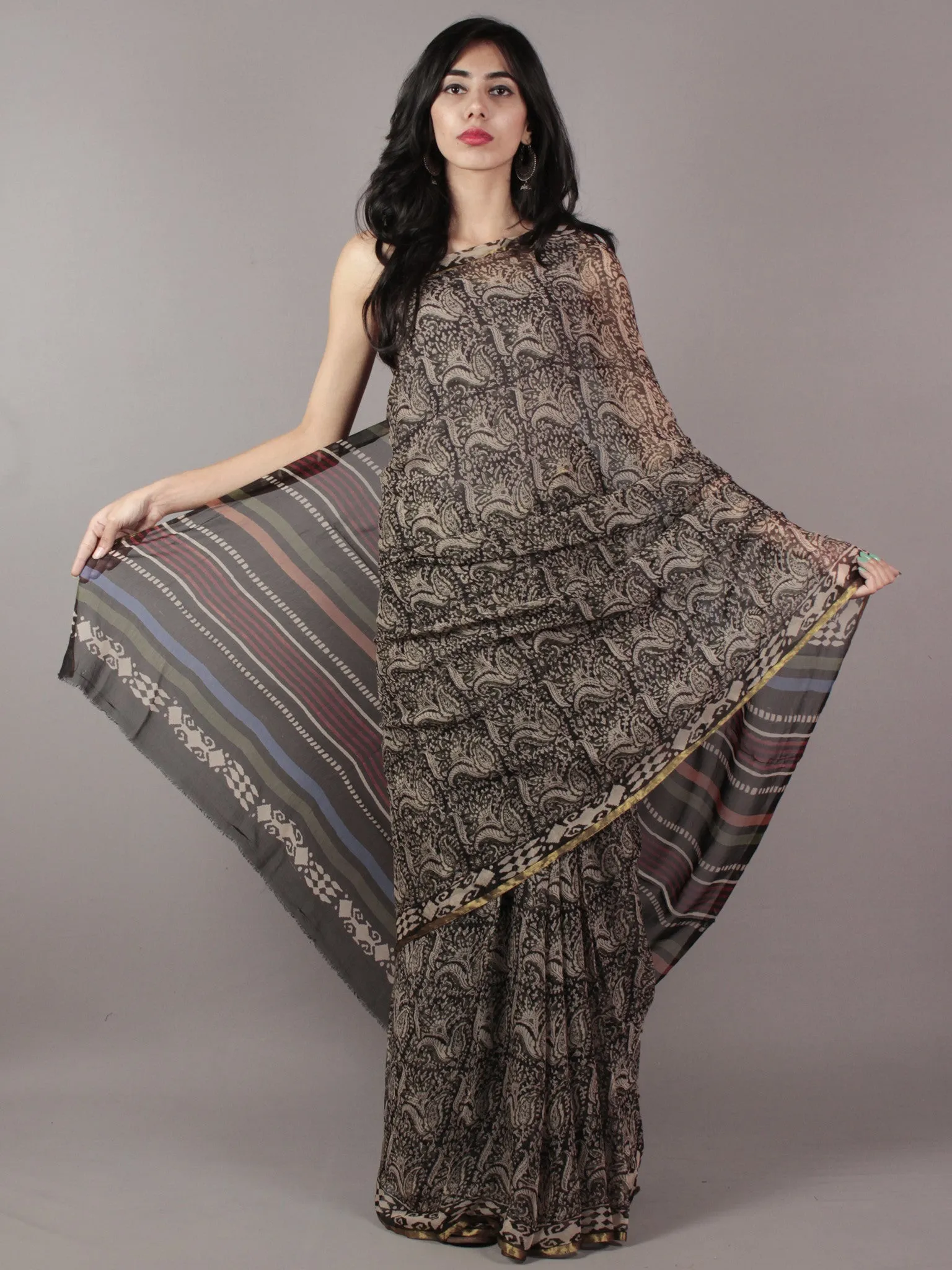 Black Beige Maroon Hand Block Printed Chiffon Saree - S031701830