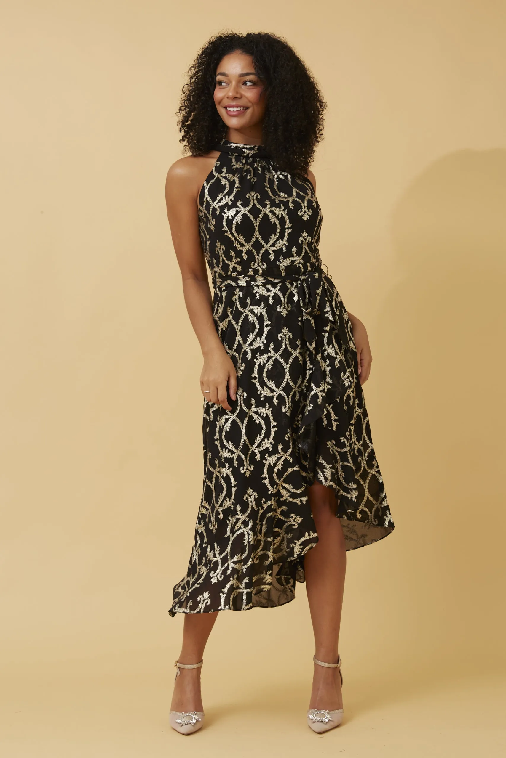 Caroline Morgan Halter Foil Dress Black Gold Metallic 10