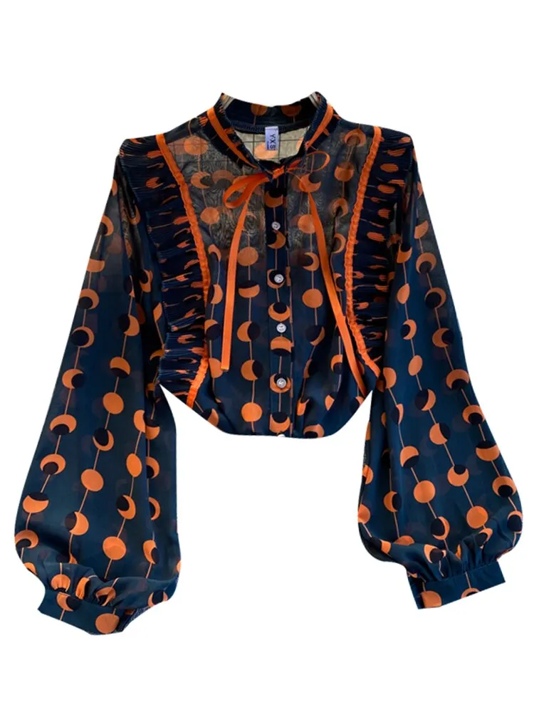 Chiffon Blouse Female Pleated Slim Puff Sleeve Stand Collar