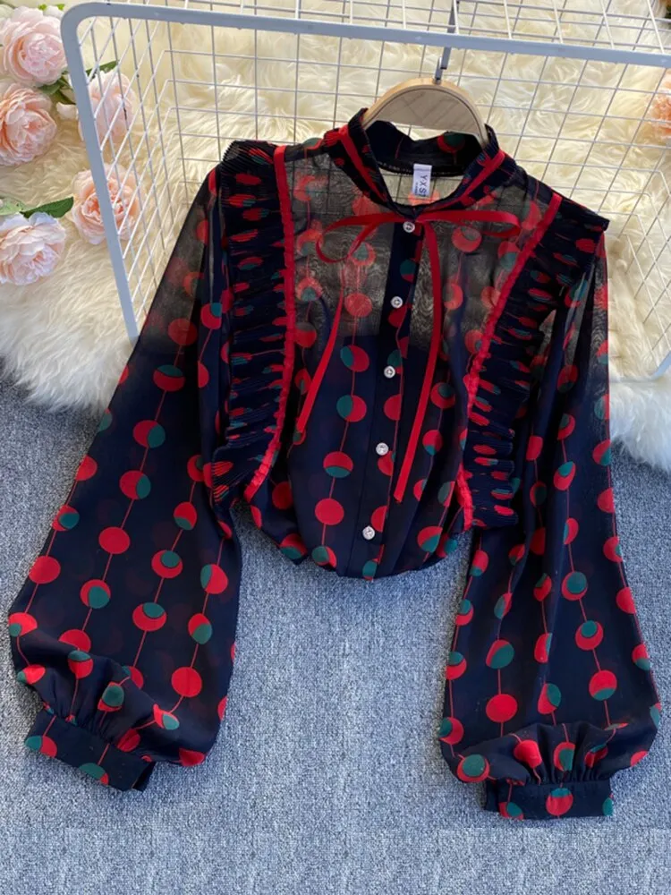 Chiffon Blouse Female Pleated Slim Puff Sleeve Stand Collar