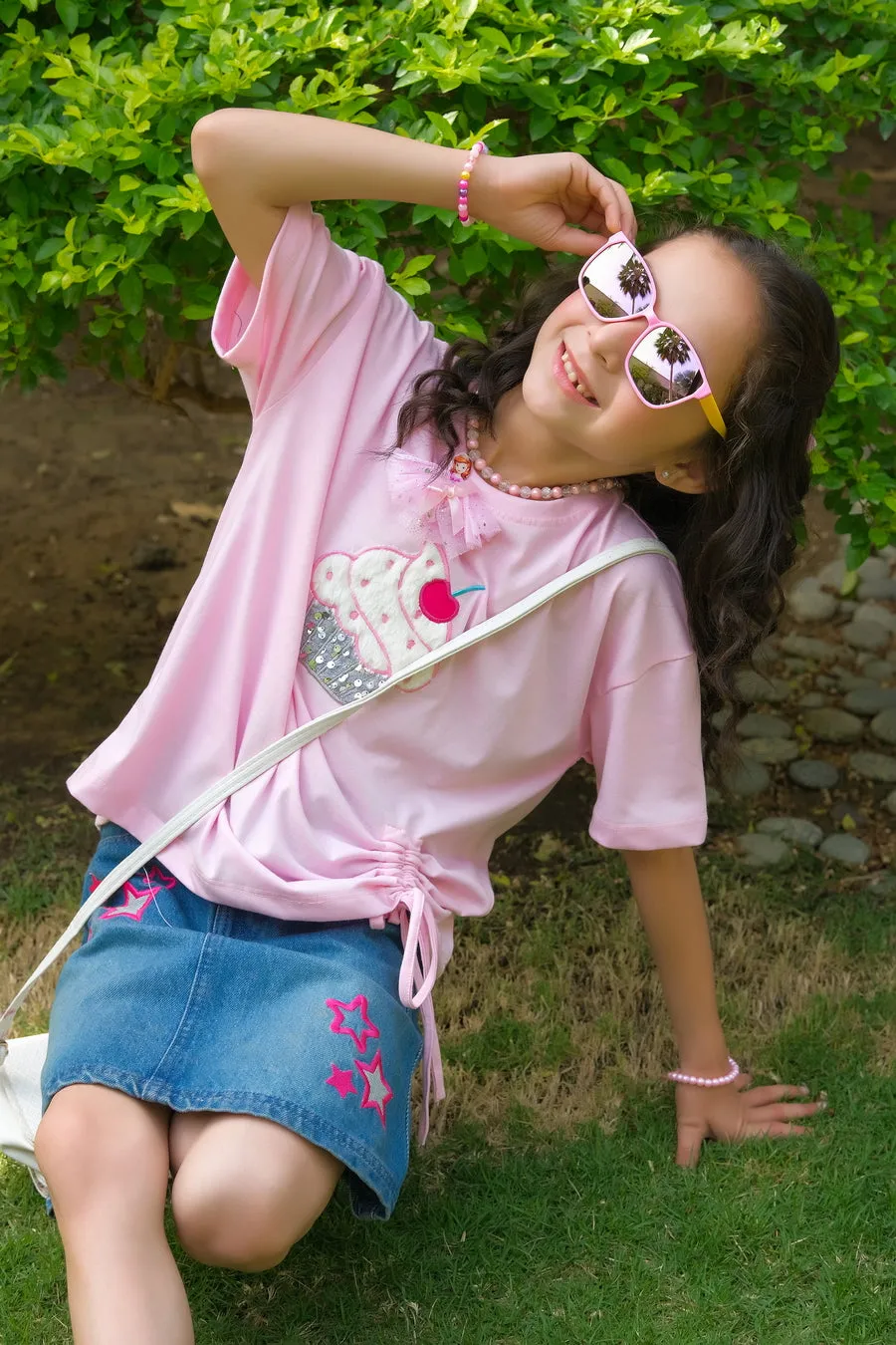 Cupcake with embroidery - Half sleeves T-shirts For Kids - Pink - SBT-361