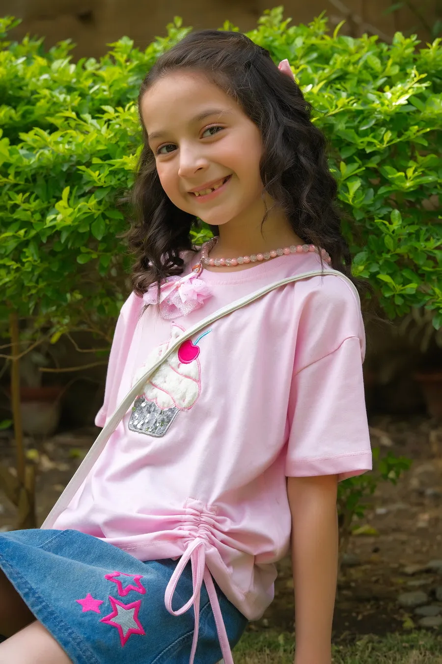 Cupcake with embroidery - Half sleeves T-shirts For Kids - Pink - SBT-361