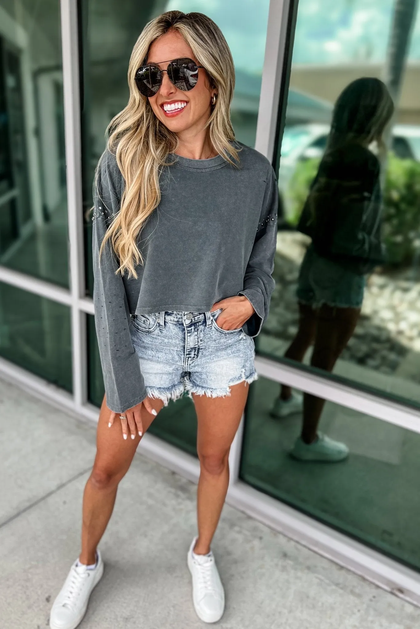 French Terry Studded Pullover Sweatshirt Top