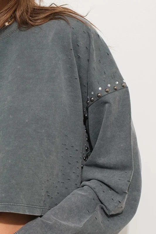 French Terry Studded Pullover Sweatshirt Top