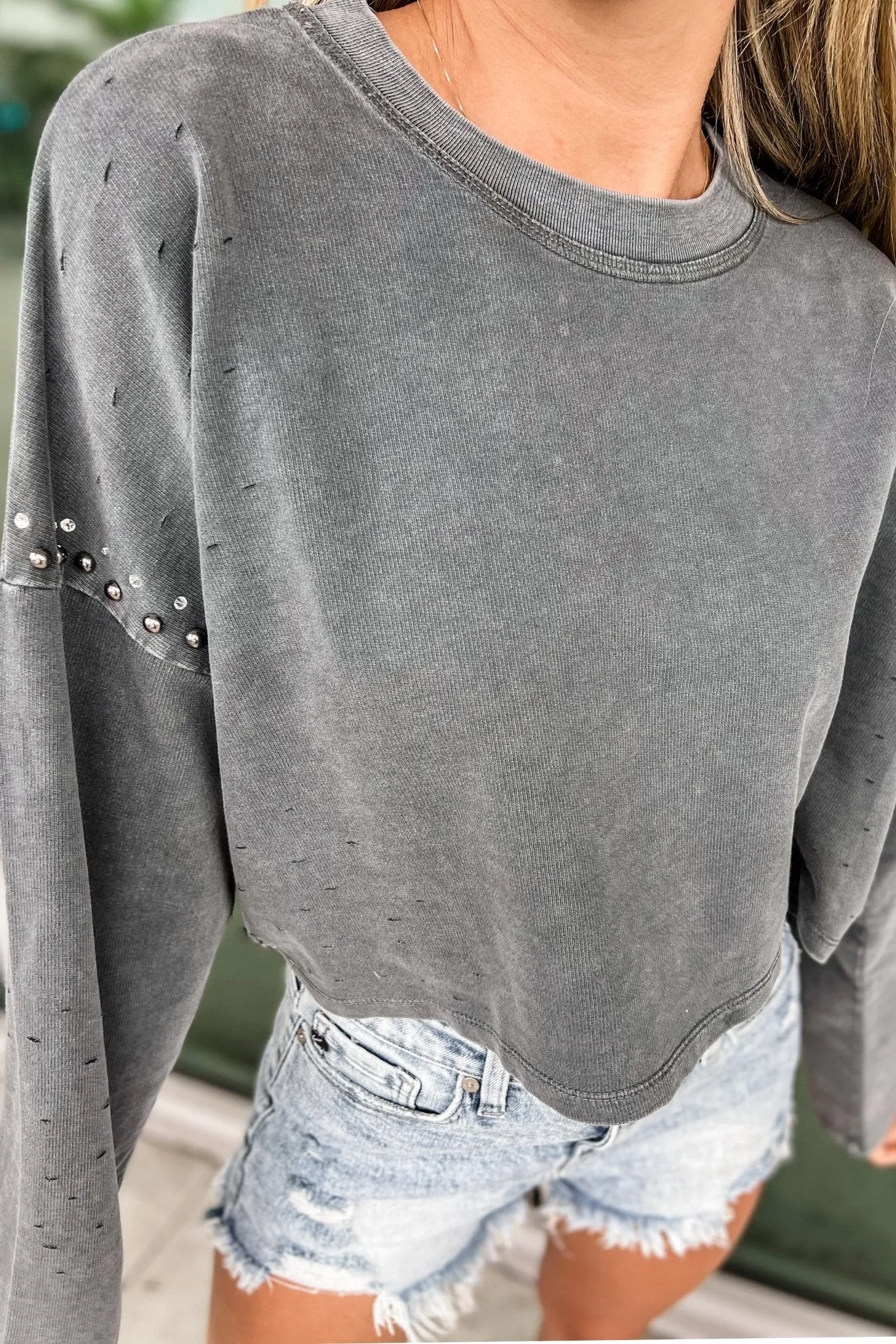 French Terry Studded Pullover Sweatshirt Top