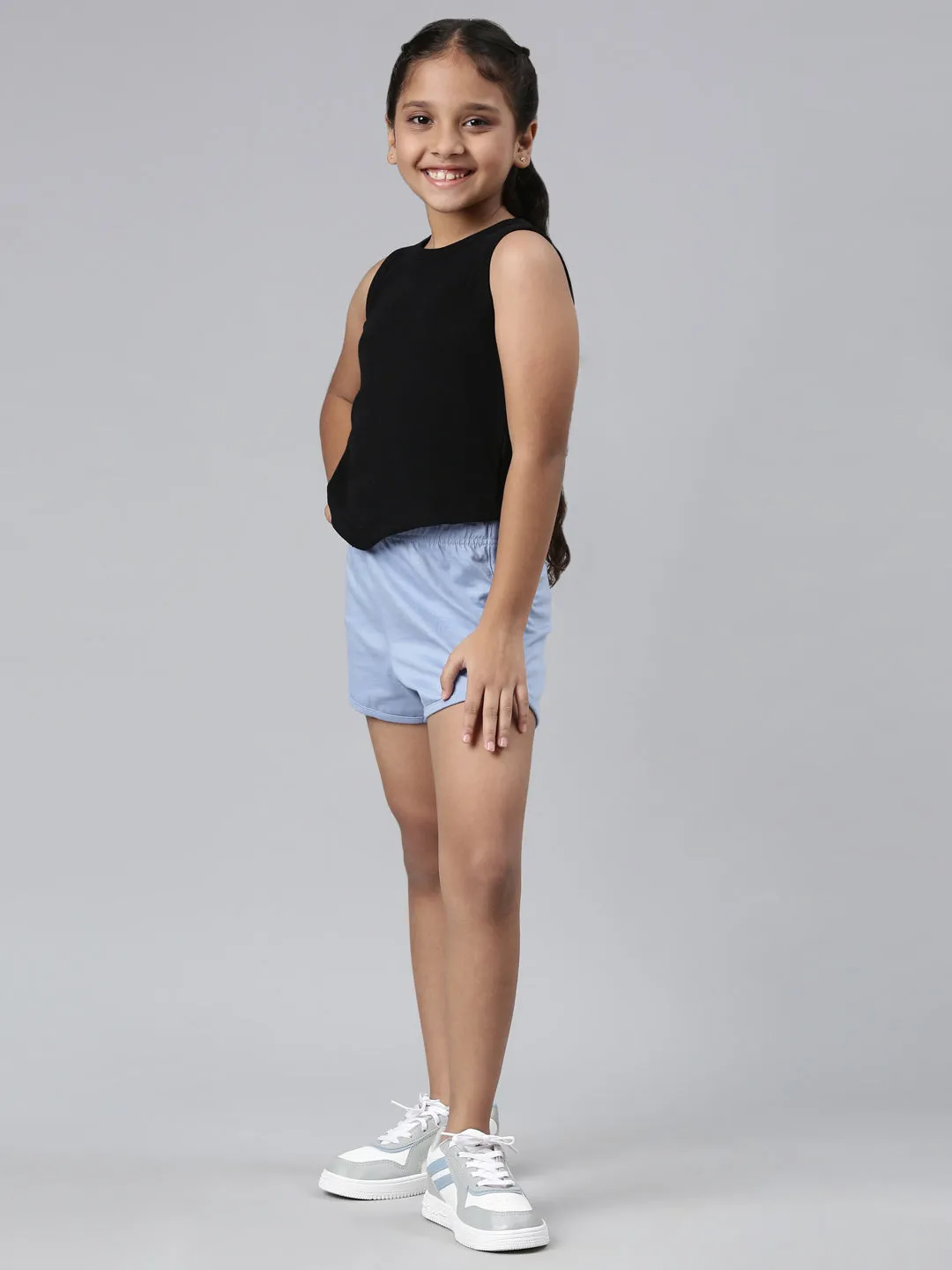 Girls Solid Baby Blue Mid Rise Knit Shorts