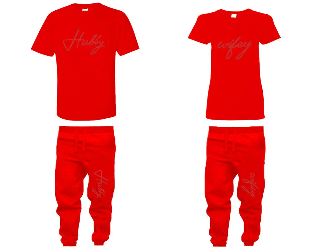 Hubby & Wifey Couple Matching T-Shirts & Jogger Pants – 4-Piece Set: Men’s and Women’s Styles Sold Separately in Red Glitter Design