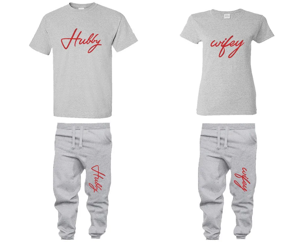 Hubby & Wifey Couple Matching T-Shirts & Jogger Pants – 4-Piece Set: Men’s and Women’s Styles Sold Separately in Red Glitter Design