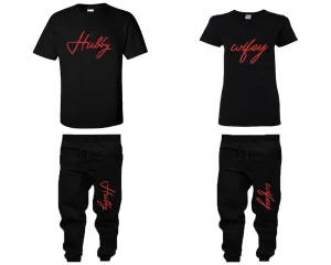 Hubby & Wifey Couple Matching T-Shirts & Jogger Pants – 4-Piece Set: Men’s and Women’s Styles Sold Separately in Red Glitter Design