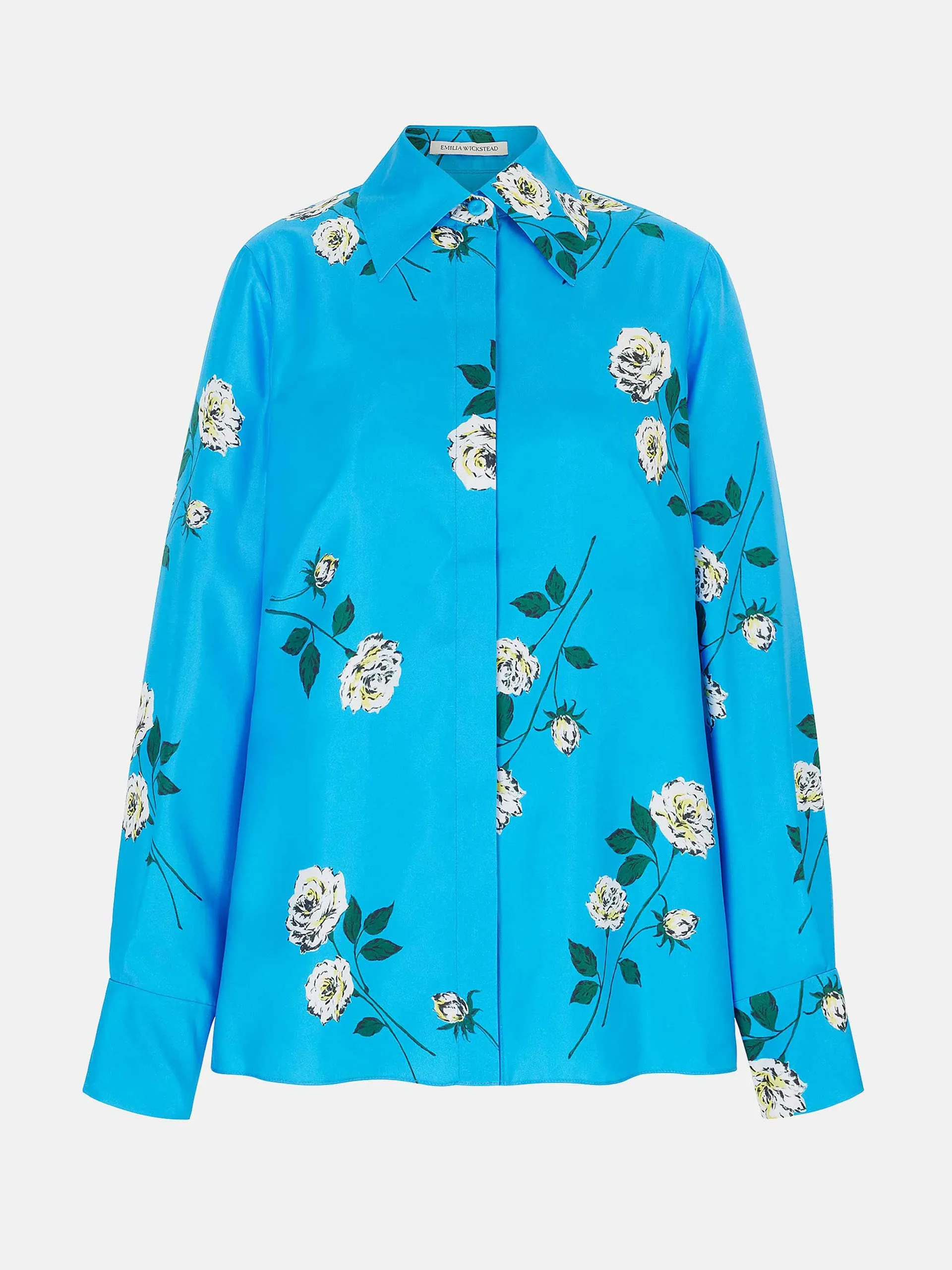 Indu shirt in rose stem on electric blue silk twill