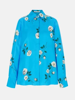 Indu shirt in rose stem on electric blue silk twill