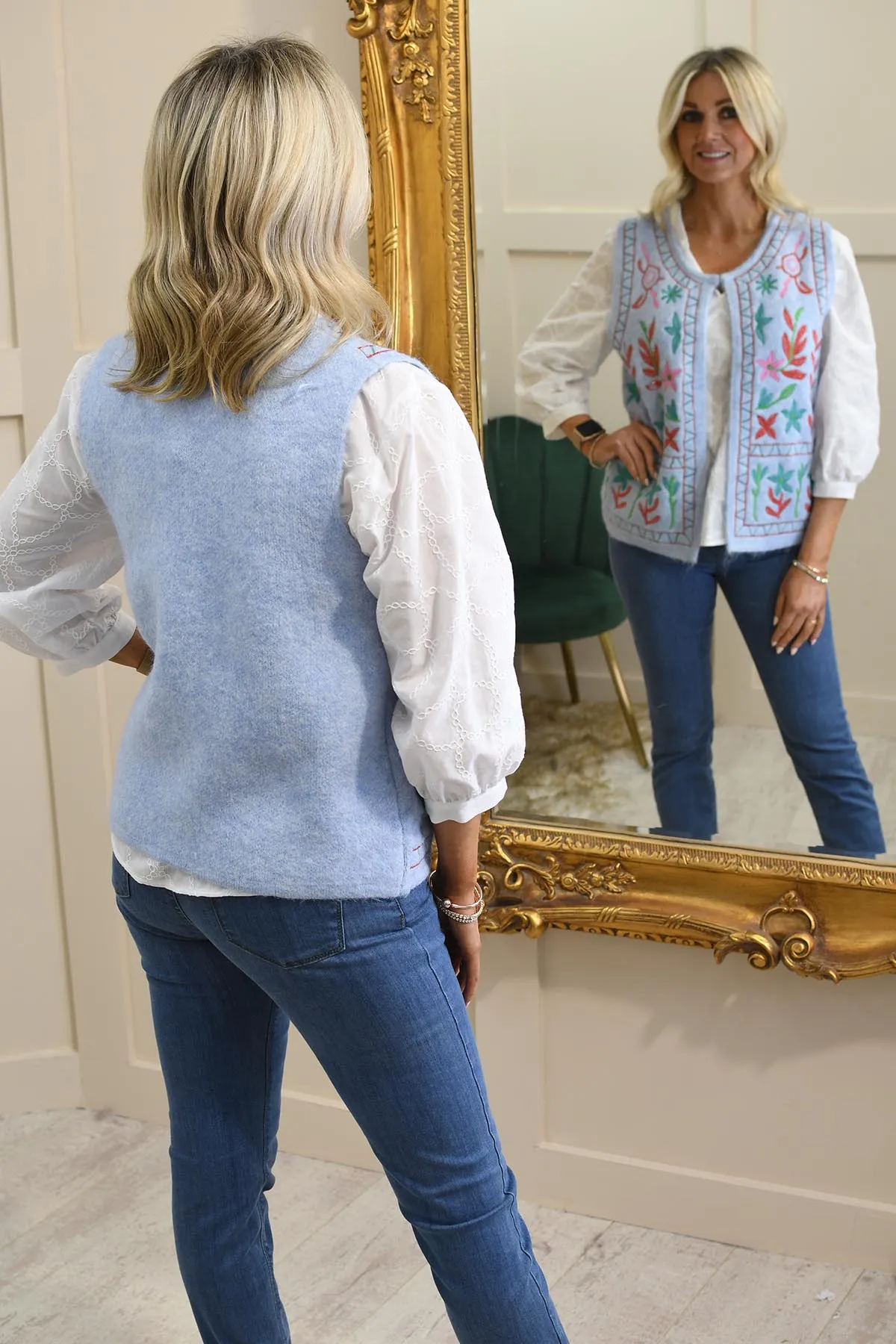 Kyla Powder Blue Knit Sweater Vest With Floral Embroidery- PT10013