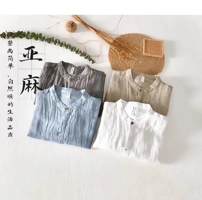 Lazy Style 100% Linen Shirts for Men Summer Beach Breathable Mens Tops Stand Collar Long Sleeve Pleated Designer Shirt Causal