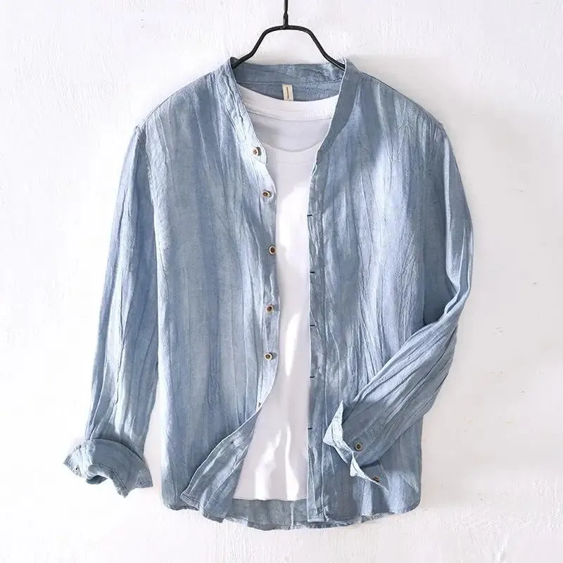 Lazy Style 100% Linen Shirts for Men Summer Beach Breathable Mens Tops Stand Collar Long Sleeve Pleated Designer Shirt Causal