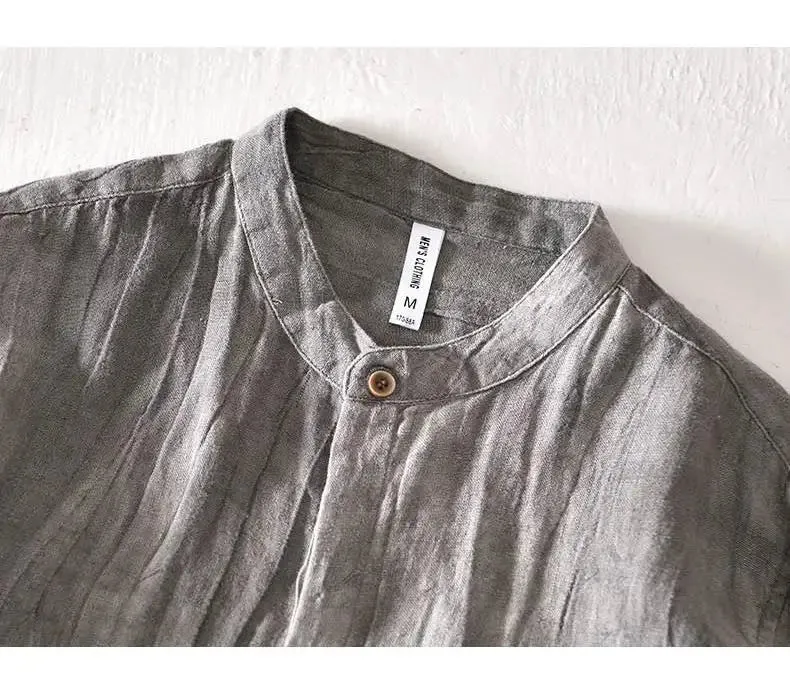 Lazy Style 100% Linen Shirts for Men Summer Beach Breathable Mens Tops Stand Collar Long Sleeve Pleated Designer Shirt Causal