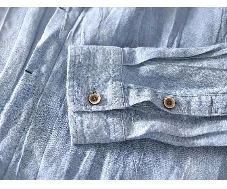 Lazy Style 100% Linen Shirts for Men Summer Beach Breathable Mens Tops Stand Collar Long Sleeve Pleated Designer Shirt Causal