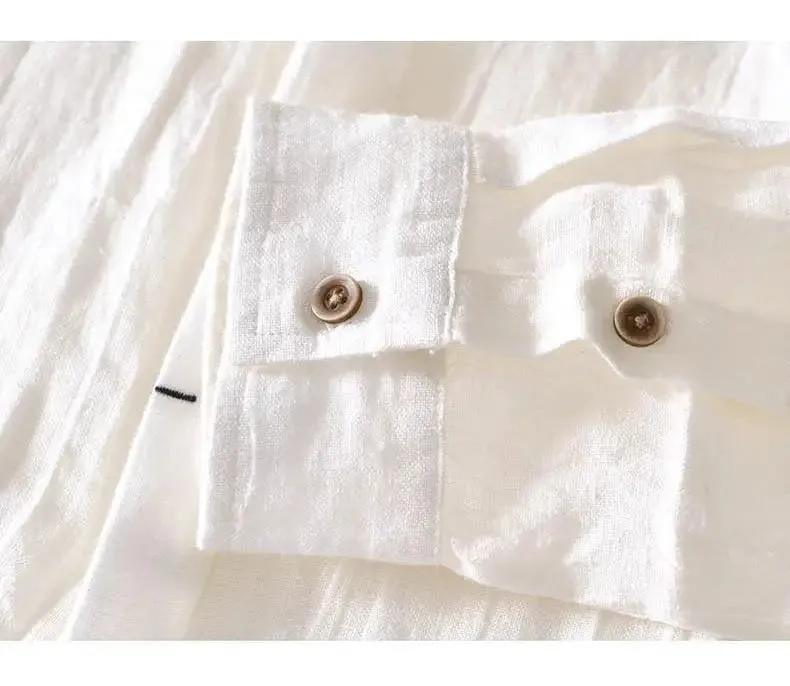 Lazy Style 100% Linen Shirts for Men Summer Beach Breathable Mens Tops Stand Collar Long Sleeve Pleated Designer Shirt Causal