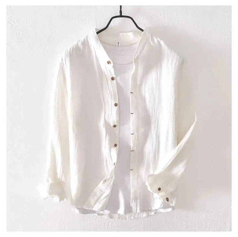 Lazy Style 100% Linen Shirts for Men Summer Beach Breathable Mens Tops Stand Collar Long Sleeve Pleated Designer Shirt Causal