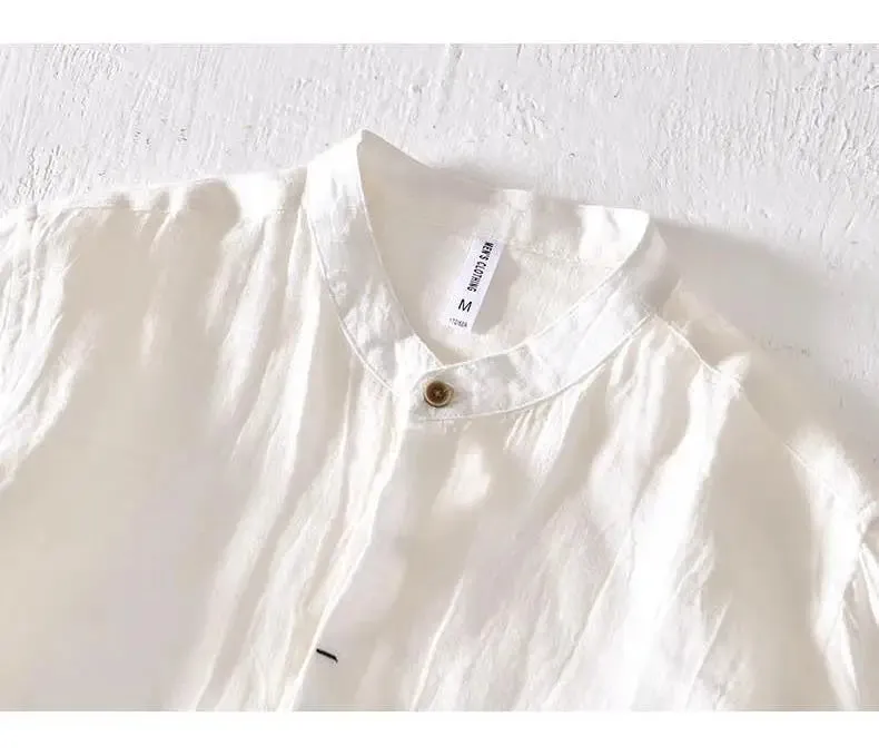 Lazy Style 100% Linen Shirts for Men Summer Beach Breathable Mens Tops Stand Collar Long Sleeve Pleated Designer Shirt Causal