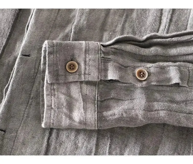 Lazy Style 100% Linen Shirts for Men Summer Beach Breathable Mens Tops Stand Collar Long Sleeve Pleated Designer Shirt Causal