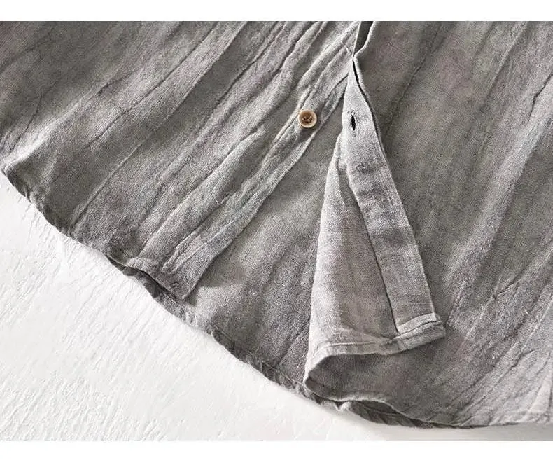 Lazy Style 100% Linen Shirts for Men Summer Beach Breathable Mens Tops Stand Collar Long Sleeve Pleated Designer Shirt Causal