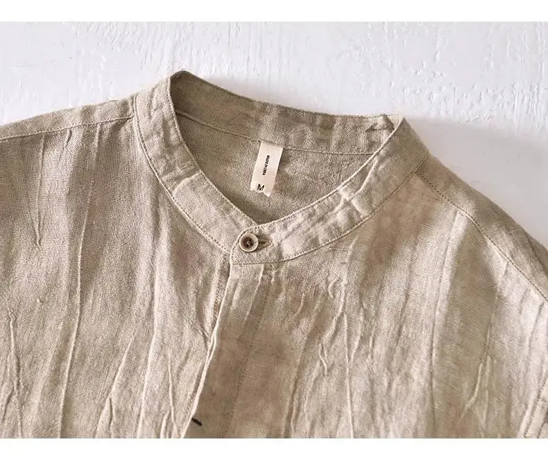 Lazy Style 100% Linen Shirts for Men Summer Beach Breathable Mens Tops Stand Collar Long Sleeve Pleated Designer Shirt Causal