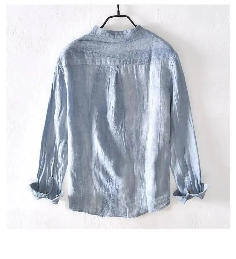 Lazy Style 100% Linen Shirts for Men Summer Beach Breathable Mens Tops Stand Collar Long Sleeve Pleated Designer Shirt Causal