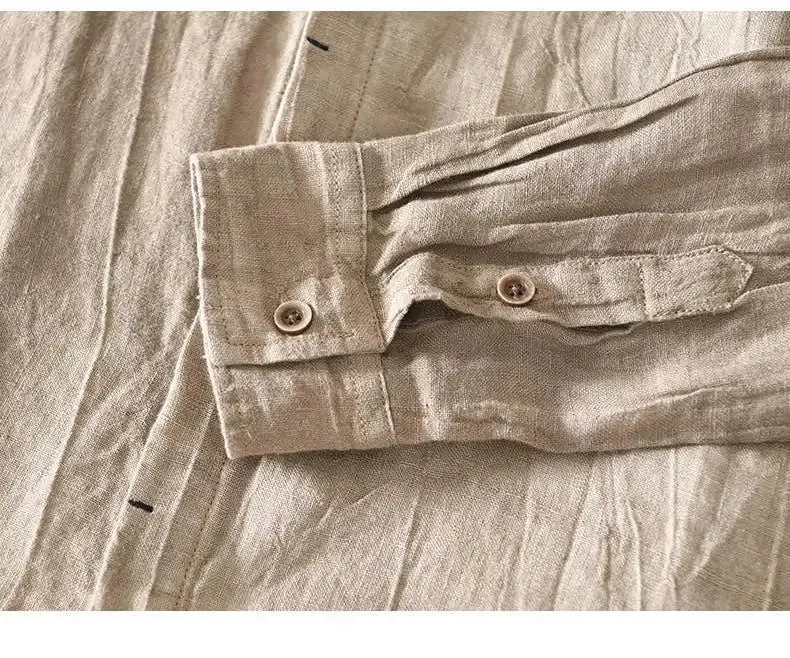 Lazy Style 100% Linen Shirts for Men Summer Beach Breathable Mens Tops Stand Collar Long Sleeve Pleated Designer Shirt Causal