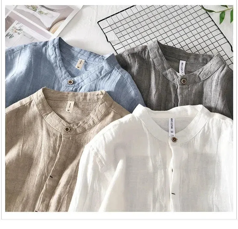 Lazy Style 100% Linen Shirts for Men Summer Beach Breathable Mens Tops Stand Collar Long Sleeve Pleated Designer Shirt Causal
