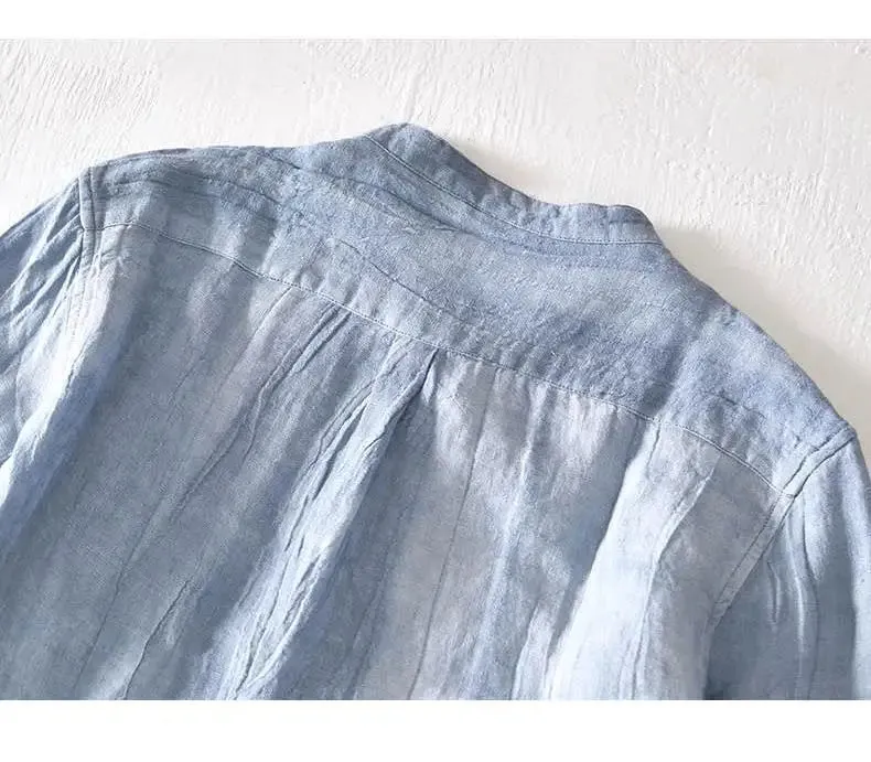 Lazy Style 100% Linen Shirts for Men Summer Beach Breathable Mens Tops Stand Collar Long Sleeve Pleated Designer Shirt Causal