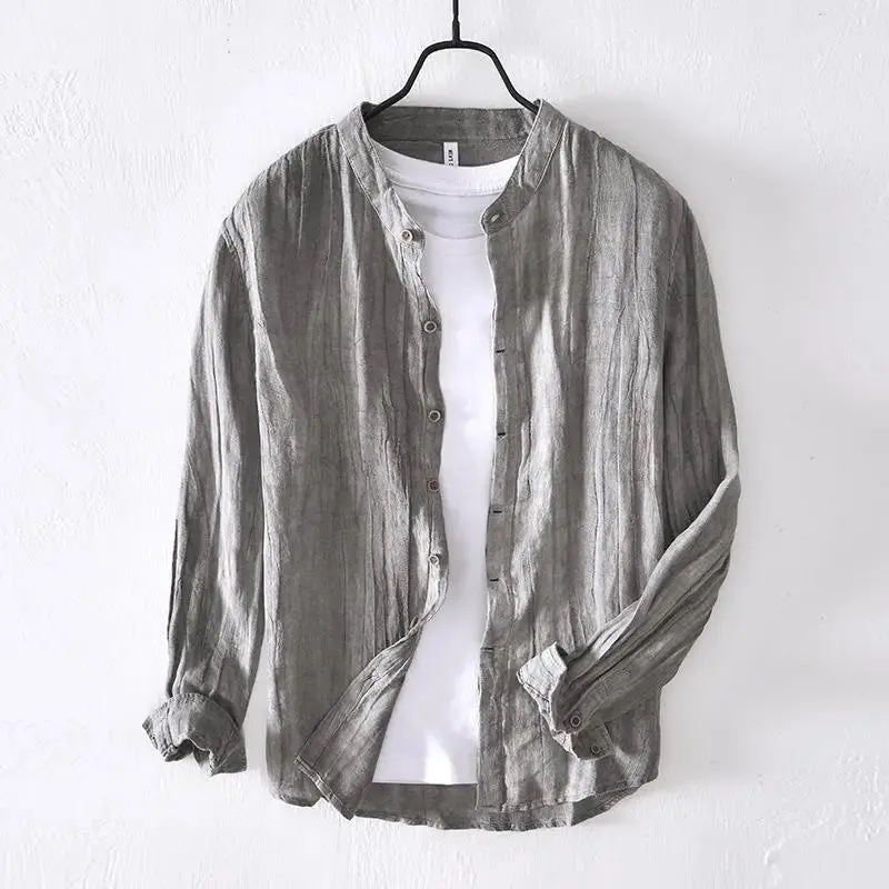 Lazy Style 100% Linen Shirts for Men Summer Beach Breathable Mens Tops Stand Collar Long Sleeve Pleated Designer Shirt Causal