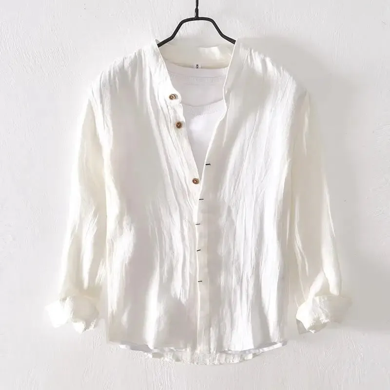 Lazy Style 100% Linen Shirts for Men Summer Beach Breathable Mens Tops Stand Collar Long Sleeve Pleated Designer Shirt Causal