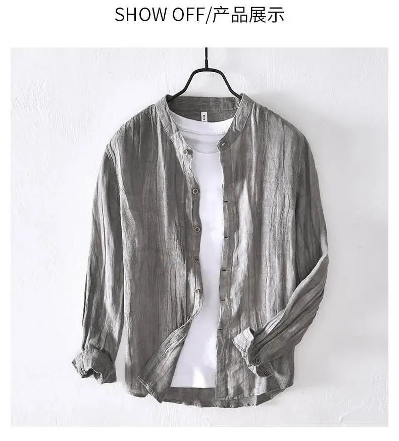 Lazy Style 100% Linen Shirts for Men Summer Beach Breathable Mens Tops Stand Collar Long Sleeve Pleated Designer Shirt Causal