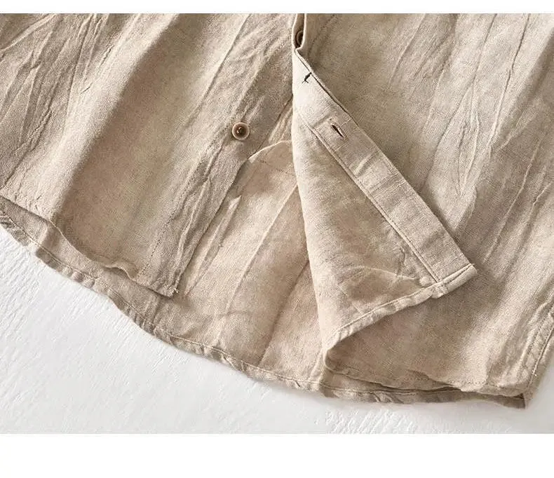 Lazy Style 100% Linen Shirts for Men Summer Beach Breathable Mens Tops Stand Collar Long Sleeve Pleated Designer Shirt Causal