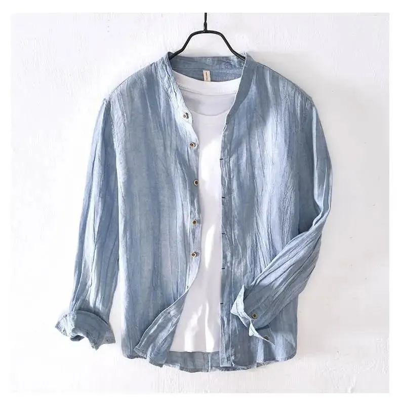Lazy Style 100% Linen Shirts for Men Summer Beach Breathable Mens Tops Stand Collar Long Sleeve Pleated Designer Shirt Causal
