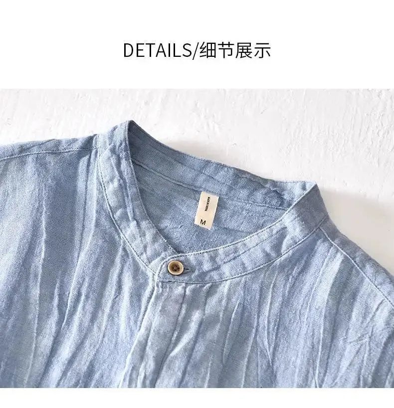 Lazy Style 100% Linen Shirts for Men Summer Beach Breathable Mens Tops Stand Collar Long Sleeve Pleated Designer Shirt Causal