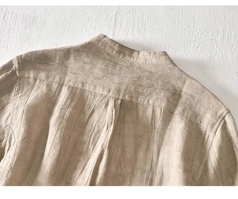 Lazy Style 100% Linen Shirts for Men Summer Beach Breathable Mens Tops Stand Collar Long Sleeve Pleated Designer Shirt Causal