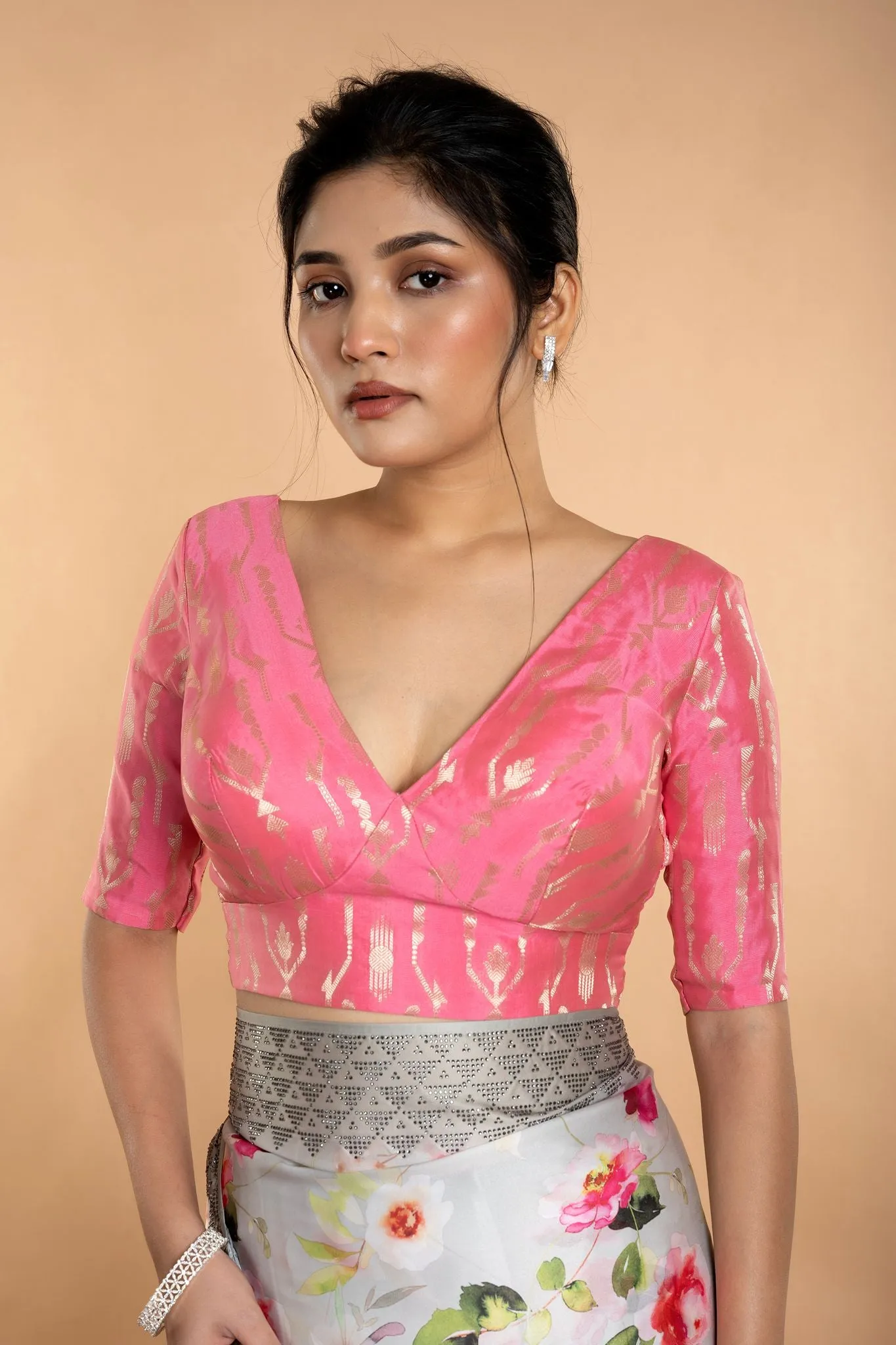 Light Pink V-Neckline Brocade Blouse with Elbow Sleeves