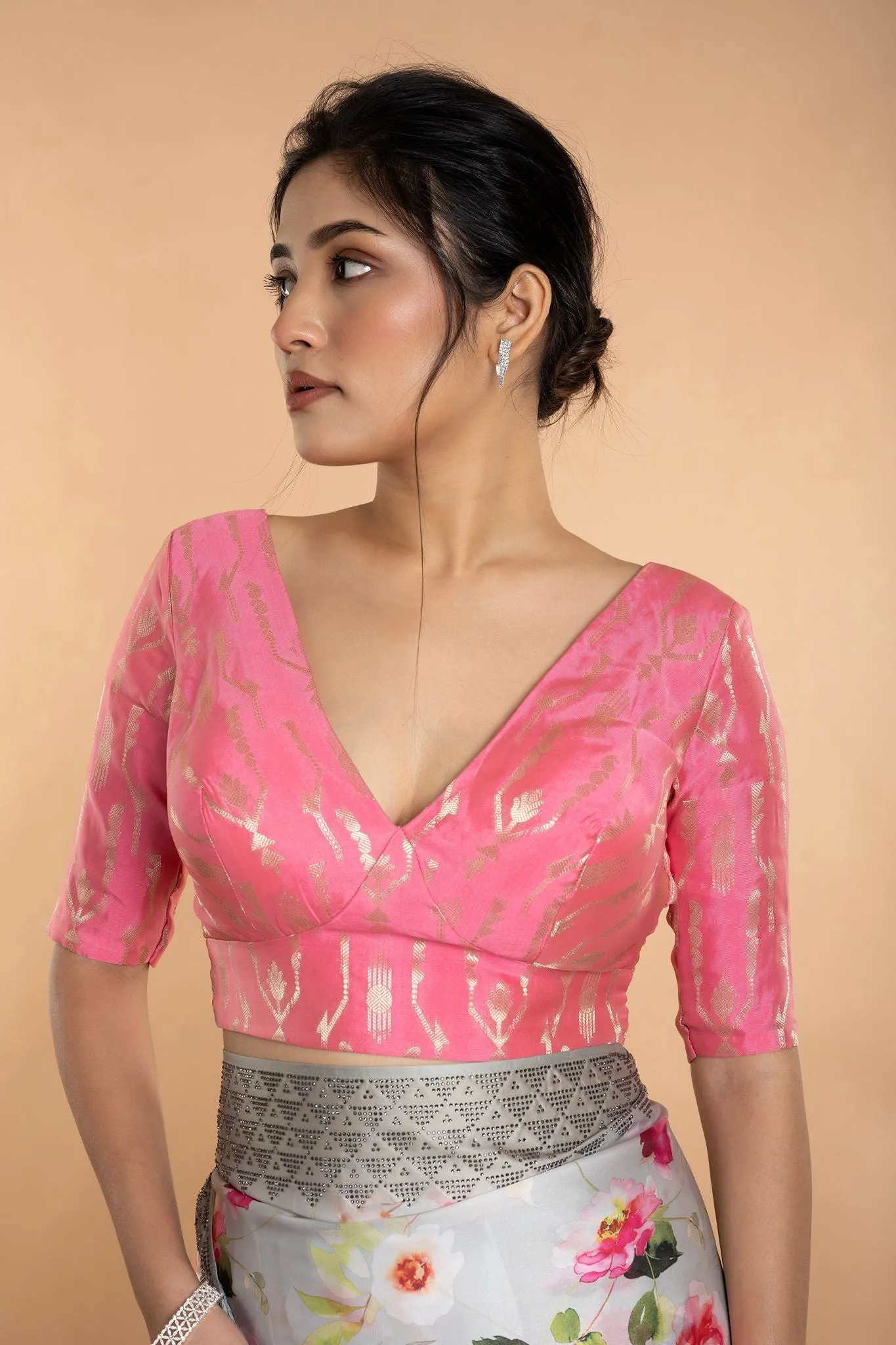 Light Pink V-Neckline Brocade Blouse with Elbow Sleeves